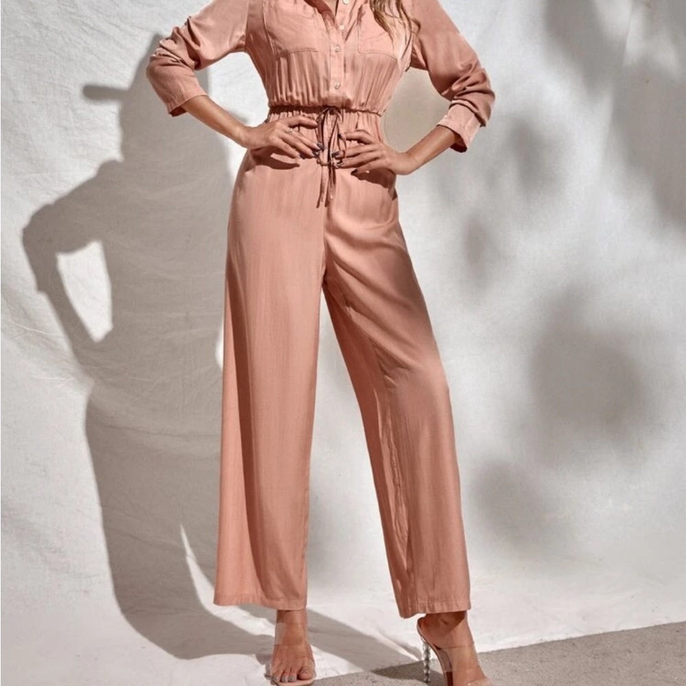 Drawstring waist dual pocket button up shirt jumpsuit